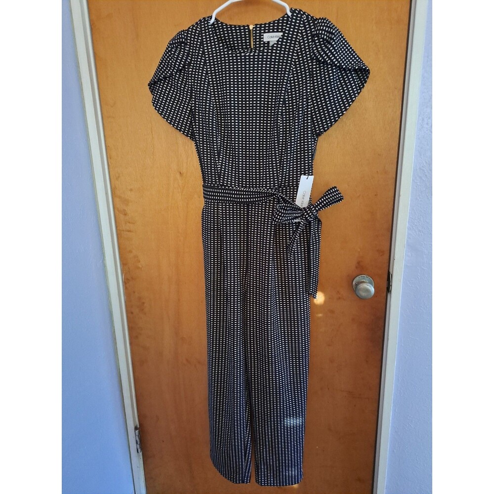Calvin Klein Black White Checkered Jumpsuit Cap Sleeve Belted Waist Size 8